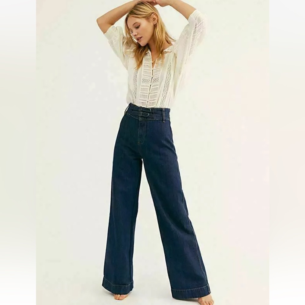 We the Free People Boho Hippy Wide Leg Flare Big Bell Bottom Buckle Jeans 26